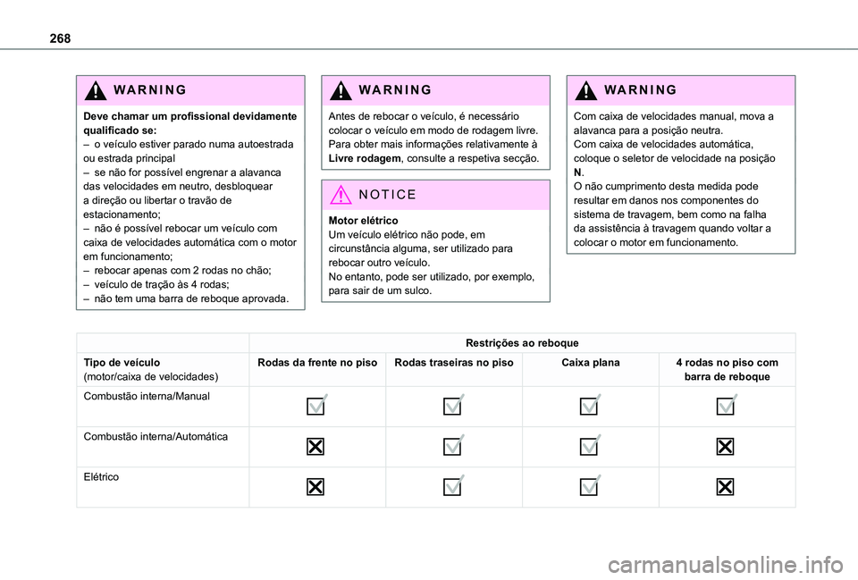 TOYOTA PROACE VERSO 2021 Manual de utilização (in Portuguese) 268
WARNI NG
Deve chamar um profissional devidamente qualificado se:– o veículo estiver parado numa autoestrada ou estrada principal– se não for possível engrenar a alavanca das velocidades em TOYOTA PROACE VERSO 2021 Manual de utilização (in Portuguese) 268
WARNI NG
Deve chamar um profissional devidamente qualificado se:– o veículo estiver parado numa autoestrada ou estrada principal– se não for possível engrenar a alavanca das velocidades em