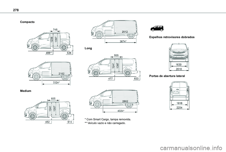 TOYOTA PROACE VERSO 2021  Manual de utilização (in Portuguese) 278
Compacto 
  
 
Medium 
  
 
Long 
  
 
* Com Smart Cargo, tampa removida.** Veículo vazio e não carregado.
 
 
Espelhos retrovisores dobrados 
 
Portas de abertura lateral 
    