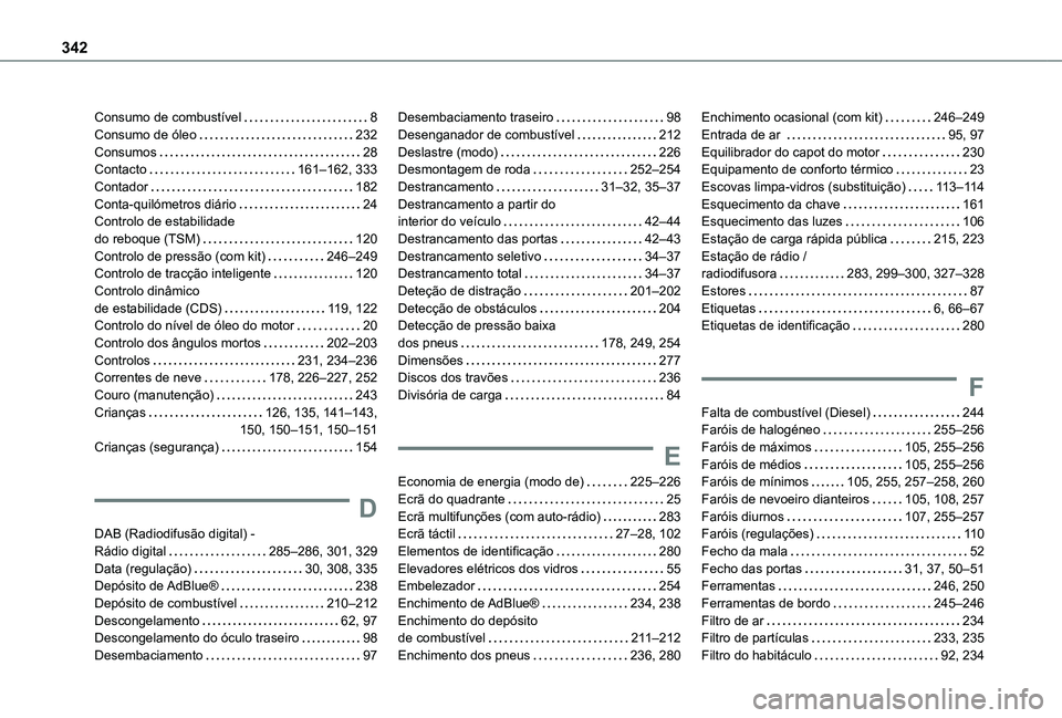 TOYOTA PROACE VERSO 2021 Manual de utilização (in Portuguese) 342
Consumo de combustível 8Consumo de óleo 232Consumos 28Contacto 161–162, 333Contador 182Conta-quilómetros diário 24Controlo de estabilidade do reboque (TSM) 120Controlo de pres TOYOTA PROACE VERSO 2021 Manual de utilização (in Portuguese) 342
Consumo de combustível 8Consumo de óleo 232Consumos 28Contacto 161–162, 333Contador 182Conta-quilómetros diário 24Controlo de estabilidade do reboque (TSM) 120Controlo de pres