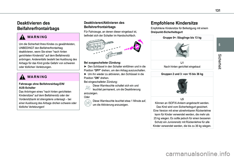 TOYOTA PROACE VERSO 2021  Betriebsanleitungen (in German) 131
Sicherheit
5
Deaktivieren des 
Beifahrerfrontairbags
WARNI NG
Um die Sicherheit Ihres Kindes zu gewährleisten, UNBEDINGT den Beifahrerfrontairbag deaktivieren, wenn Sie einen "nach hinten ger