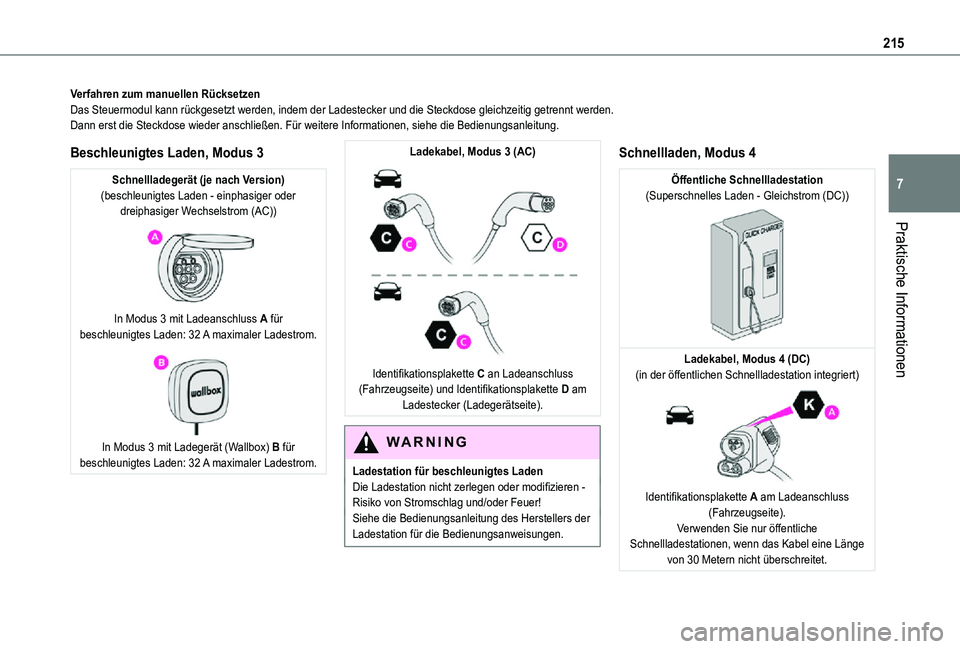 TOYOTA PROACE VERSO 2021 Betriebsanleitungen (in German) 215
Praktische Informationen
7
Verfahren zum manuellen RücksetzenDas Steuermodul kann rückgesetzt werden, indem der Ladestecker und di\
e Steckdose gleichzeitig getrennt werden.Dann erst die Steckdo TOYOTA PROACE VERSO 2021 Betriebsanleitungen (in German) 215
Praktische Informationen
7
Verfahren zum manuellen RücksetzenDas Steuermodul kann rückgesetzt werden, indem der Ladestecker und di\
e Steckdose gleichzeitig getrennt werden.Dann erst die Steckdo