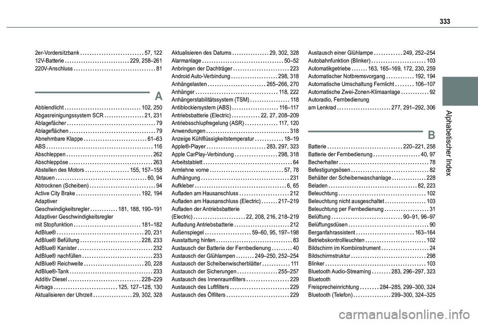 TOYOTA PROACE VERSO 2021  Betriebsanleitungen (in German) 333
Alphabetischer Index
2er-Vordersitzbank   57, 12212V-Batterie   229, 258–261220V-Anschluss   81
A
Abblendlicht   102, 250Abgasreinigungssystem SCR   21, 231Ablagefächer   79Ablageflächen   79A