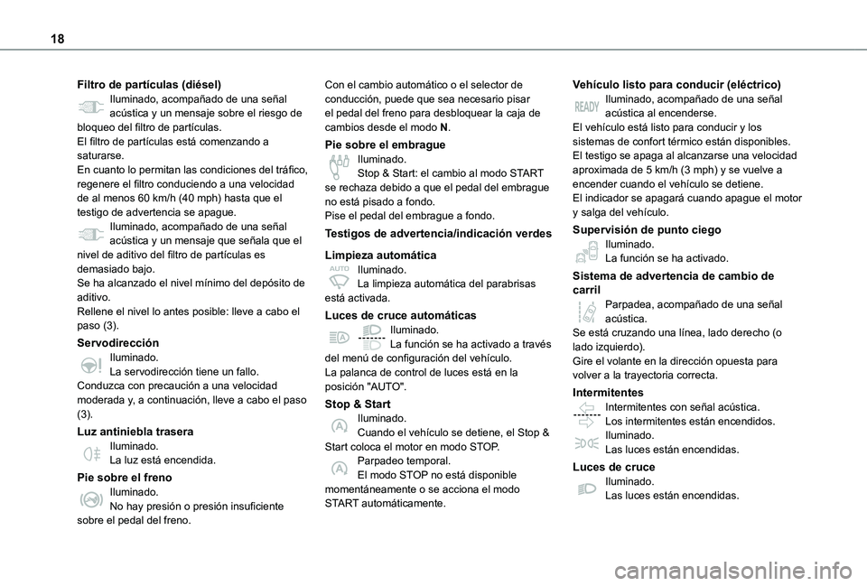 TOYOTA PROACE VERSO 2021  Manuale de Empleo (in Spanish) 18
Filtro de partículas (diésel)Iluminado, acompañado de una señal acústica y un mensaje sobre el riesgo de bloqueo del filtro de partículas.El filtro de partículas está comenzando a saturarse