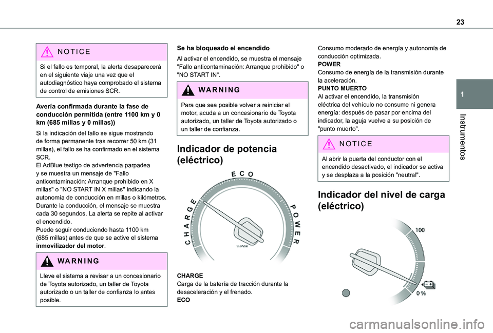 TOYOTA PROACE VERSO 2021  Manuale de Empleo (in Spanish) 23
Instrumentos
1
NOTIC E
Si el fallo es temporal, la alerta desaparecerá en el siguiente viaje una vez que el autodiagnóstico haya comprobado el sistema de control de emisiones SCR.
Avería confirm