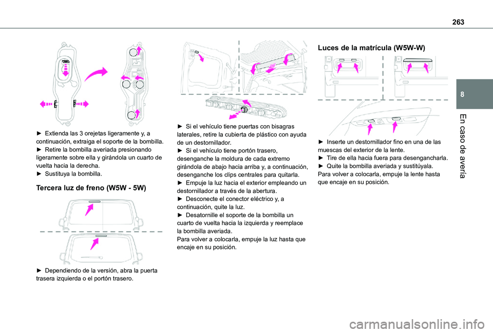 TOYOTA PROACE VERSO 2021  Manuale de Empleo (in Spanish) 263
En caso de avería
8
 
► Extienda las 3 orejetas ligeramente y, a continuación, extraiga el soporte de la bombilla.► Retire la bombilla averiada presionando ligeramente sobre ella y girándol