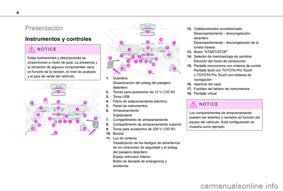 TOYOTA PROACE VERSO 2021  Manuale de Empleo (in Spanish) 4
Presentación
Instrumentos y controles
NOTIC E
Estas ilustraciones y descripciones se proporcionan a modo de guía. La presencia y la ubicación de algunos componentes varía 
en función de la vers