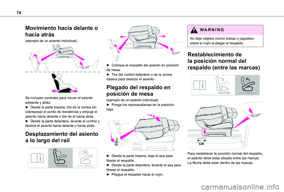 TOYOTA PROACE VERSO 2021  Manuale de Empleo (in Spanish) 74
Movimiento hacia delante o 
hacia atrás
(ejemplo de un asiento individual) 
 
Se incluyen controles para mover el asiento adelante y atrás:► Desde la parte trasera, tire de la correa sin sobrep
