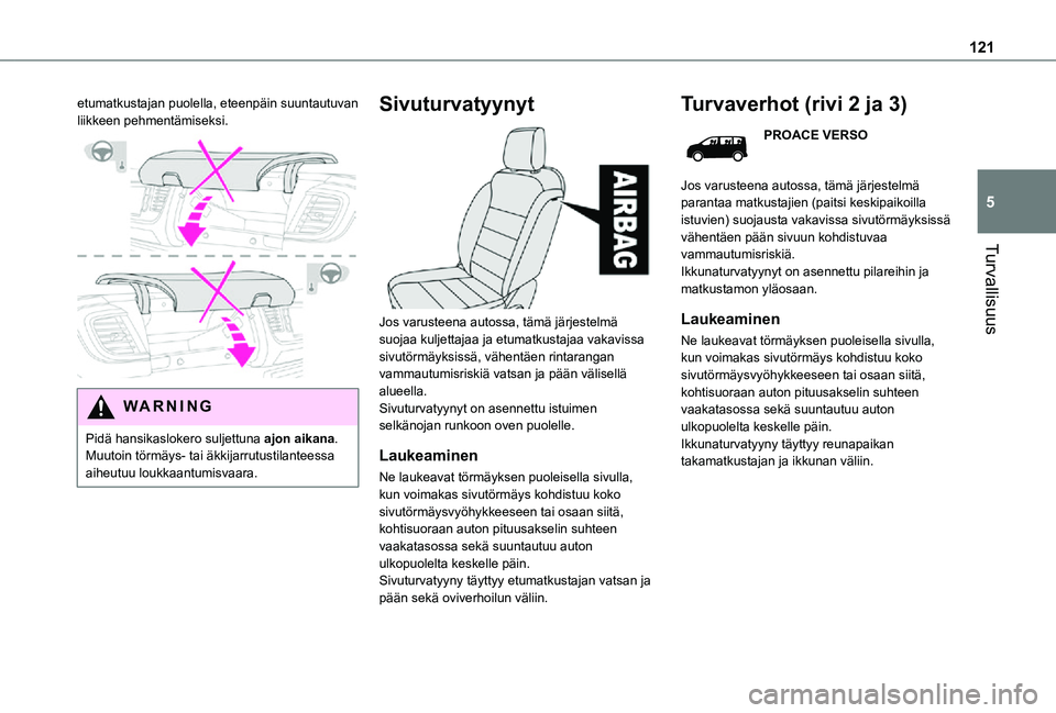 TOYOTA PROACE VERSO 2021  Omistajan Käsikirja (in Finnish) 121
Turvallisuus
5
etumatkustajan puolella, eteenpäin suuntautuvan liikkeen pehmentämiseksi. 
 
WARNI NG
Pidä hansikaslokero suljettuna ajon aikana. Muutoin törmäys- tai äkkijarrutustilanteessa 