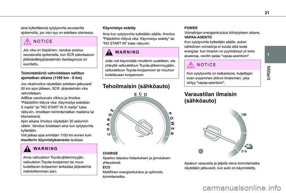 TOYOTA PROACE VERSO 2021  Omistajan Käsikirja (in Finnish) 21
Mittarit
1
aina kytkettäessä sytytysvirta seuraavilla ajokerroilla, jos vian syy on edelleen olemassa.
NOTIC E
Jos vika on tilapäinen, varoitus poistuu seuraavalla ajokerralla, kun SCR pakokaasu