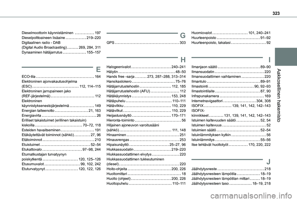 TOYOTA PROACE VERSO 2021  Omistajan Käsikirja (in Finnish) 323
Aakkosellinen hakemisto
Dieselmoottorin käynnistäminen    197Dieselpolttoaineen lisäaine   219–220Digitaalinen radio - DAB  (Digital Audio  Broadcasting)   269, 284, 3 11Dynaaminen hätäjarr