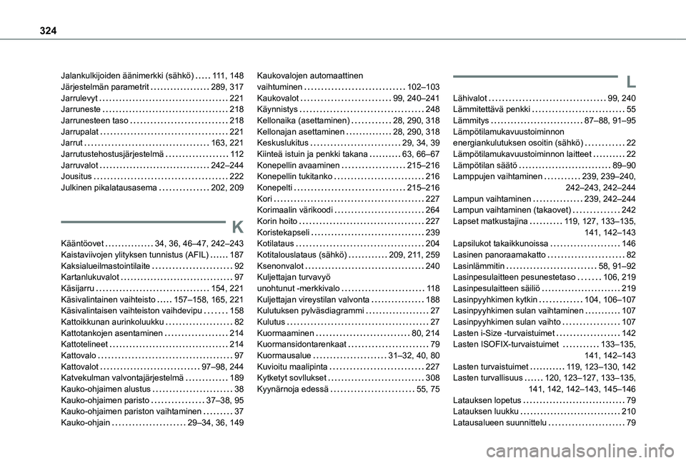 TOYOTA PROACE VERSO 2021  Omistajan Käsikirja (in Finnish) 324
Jalankulkijoiden äänimerkki (sähkö)   111, 148Järjestelmän parametrit   289, 317Jarrulevyt   221Jarruneste   218Jarrunesteen taso   218Jarrupalat   221Jarrut   163, 221Jarrutustehostusjärje