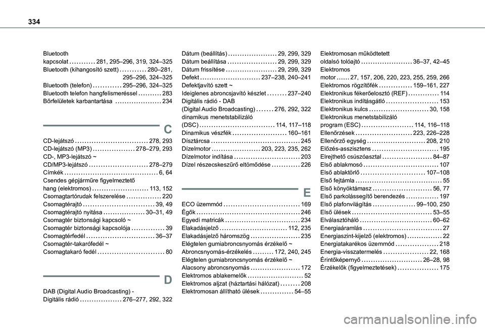 TOYOTA PROACE VERSO 2021 Kezelési útmutató (in Hungarian) 334
Bluetooth kapcsolat 281, 295–296, 319, 324–325Bluetooth (kihangosító szett) 280–281, 295–296, 324–325Bluetooth (telefon) 295–296, 324–325Bluetooth telefon hangfelismerésse TOYOTA PROACE VERSO 2021 Kezelési útmutató (in Hungarian) 334
Bluetooth kapcsolat 281, 295–296, 319, 324–325Bluetooth (kihangosító szett) 280–281, 295–296, 324–325Bluetooth (telefon) 295–296, 324–325Bluetooth telefon hangfelismerésse