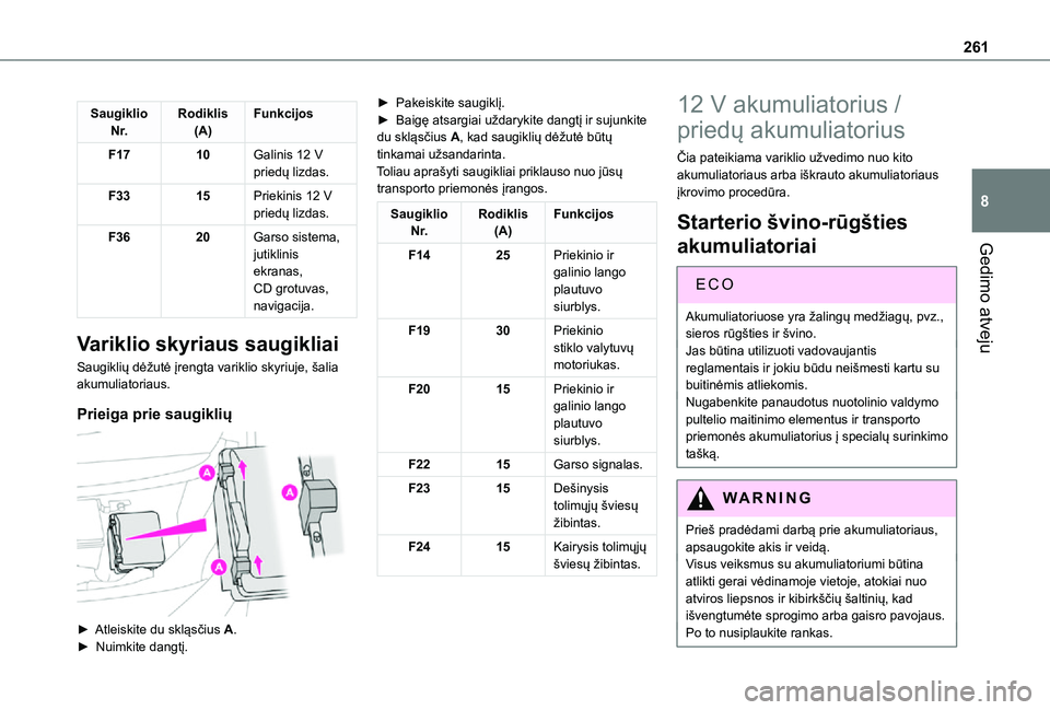 TOYOTA PROACE VERSO 2021  Eksploatavimo vadovas (in Lithuanian) 261
Gedimo atveju
8
Saugiklio N r.Rodiklis(A)Funkcijos
F1710Galinis 12 V priedų lizdas.
F3315Priekinis 12 V priedų lizdas.
F3620Garso sistema, jutiklinis ekranas, CD grotuvas, navigacija.
Variklio s