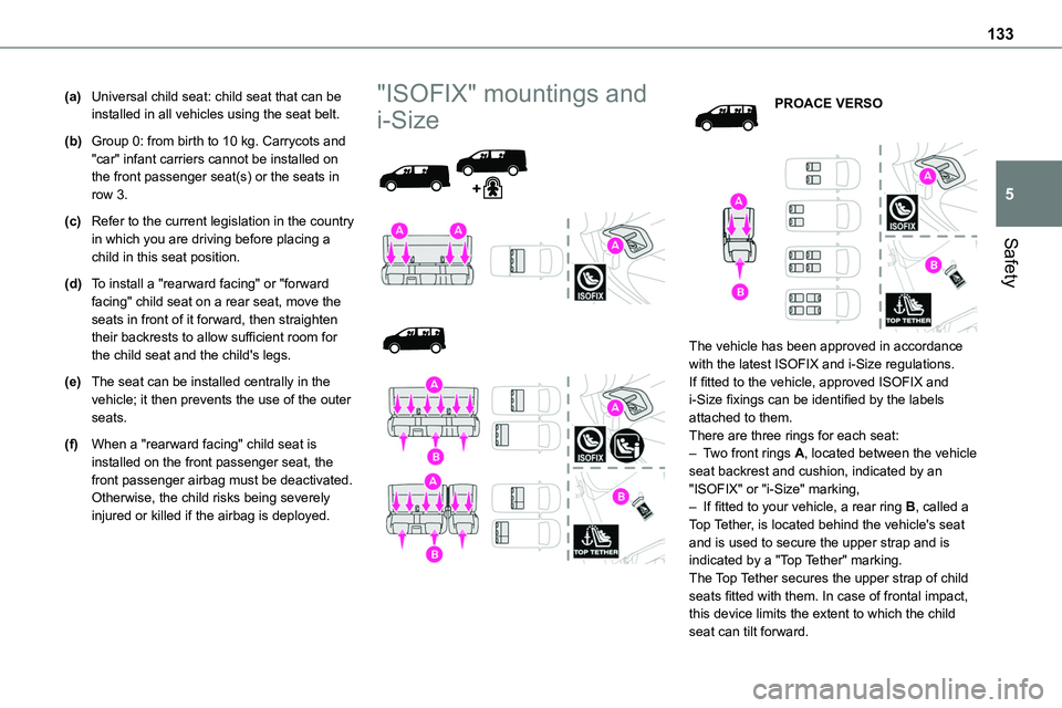 TOYOTA PROACE VERSO 2022  Owners Manual 133
Safety
5
(a)Universal child seat: child seat that can be installed in all vehicles using the seat belt.
(b)Group 0: from birth to 10 kg. Carrycots and "car" infant carriers cannot be insta
