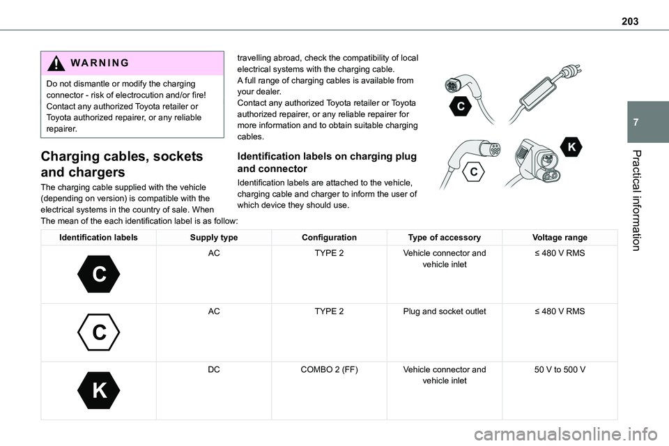 TOYOTA PROACE VERSO 2022  Owners Manual 203
Practical information
7
WARNI NG
Do not dismantle or modify the charging connector - risk of electrocution and/or fire!Contact any authorized Toyota retailer or Toyota authorized repairer, or any 