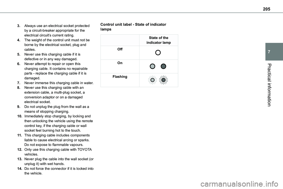 TOYOTA PROACE VERSO 2022  Owners Manual 205
Practical information
7
3.Always use an electrical socket protected by a circuit-breaker appropriate for the electrical circuit’s current rating.
4.The weight of the control unit must not be bor