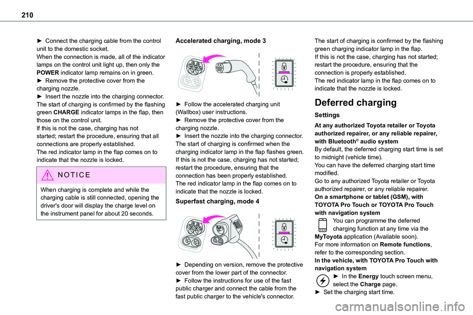 TOYOTA PROACE VERSO 2022  Owners Manual 210
► Connect the charging cable from the control unit to the domestic socket.When the connection is made, all of the indicator lamps on the control unit light up, then only the POWER indicator lamp