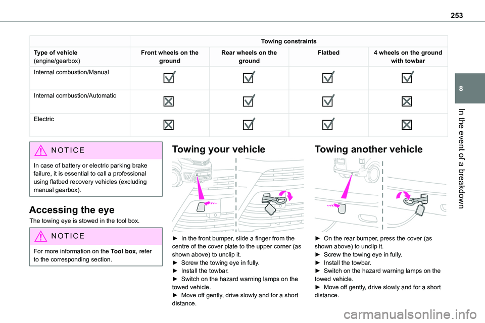TOYOTA PROACE VERSO 2022  Owners Manual 253
In the event of a breakdown
8
Towing constraints
Type of vehicle(engine/gearbox)Front wheels on the groundRear wheels on the groundFlatbed4 wheels on the ground with towbar
Internal combustion/Man