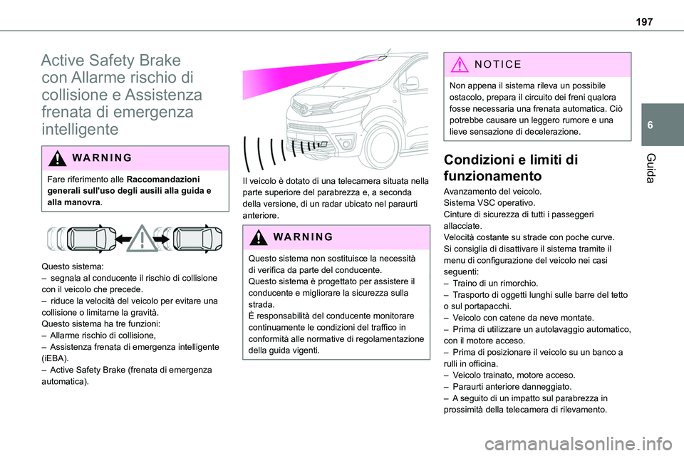 TOYOTA PROACE VERSO 2022 Manuale duso (in Italian) 197
Guida
6
Active Safety Brake
con Allarme rischio di
collisione e Assistenza
frenata di emergenza
intelligente
WARNI NG
Fare riferimento alle Raccomandazioni generali sull'uso degli ausili TOYOTA PROACE VERSO 2022 Manuale duso (in Italian) 197
Guida
6
Active Safety Brake
con Allarme rischio di
collisione e Assistenza
frenata di emergenza
intelligente
WARNI NG
Fare riferimento alle Raccomandazioni generali sull'uso degli ausili