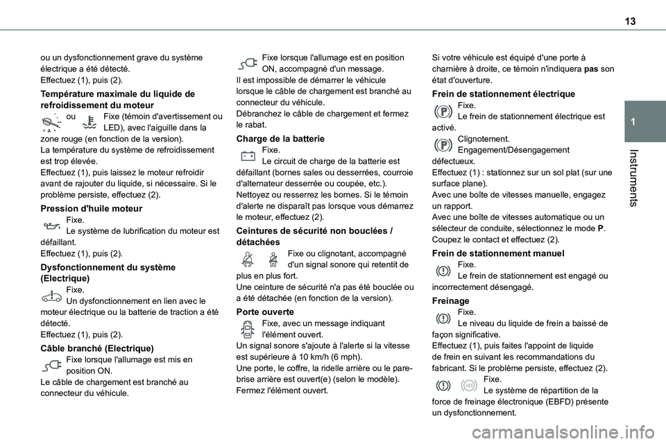 TOYOTA PROACE VERSO 2022  Notices Demploi (in French) 13
Instruments
1
ou un dysfonctionnement grave du système électrique a été détecté.Effectuez (1), puis (2).
Température maximale du liquide de refroidissement du moteurou Fixe (témoin d'av