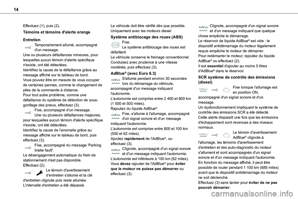 TOYOTA PROACE VERSO 2022  Notices Demploi (in French) 14
Effectuez (1), puis (2).
Témoins et témoins d'alerte orange
EntretienTemporairement allumé, accompagné d'un message.Une ou plusieurs défaillances mineures, pour lesquelles aucun témoi