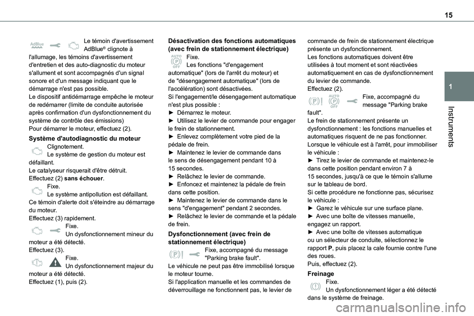 TOYOTA PROACE VERSO 2022  Notices Demploi (in French) 15
Instruments
1
Le témoin d'avertissement AdBlue® clignote à l'allumage, les témoins d'avertissement d'entretien et des auto-diagnostic du moteur s'allument et sont accompagn