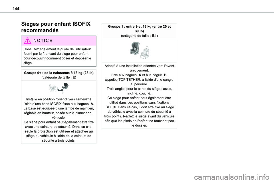 TOYOTA PROACE VERSO 2022  Notices Demploi (in French) 144
Sièges pour enfant ISOFIX 
recommandés
NOTIC E
Consultez également le guide de l'utilisateur fourni par le fabricant du siège pour enfant pour découvrir comment poser et déposer le sièg