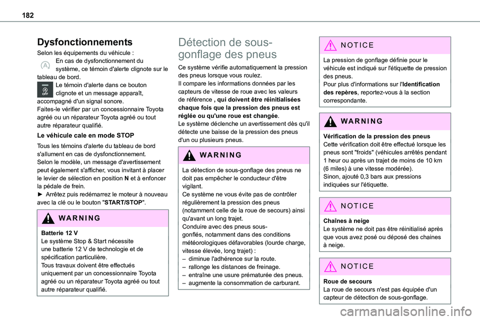 TOYOTA PROACE VERSO 2022  Notices Demploi (in French) 182
Dysfonctionnements
Selon les équipements du véhicule :En cas de dysfonctionnement du système, ce témoin d'alerte clignote sur le tableau de bord.Le témoin d'alerte dans ce bouton clig