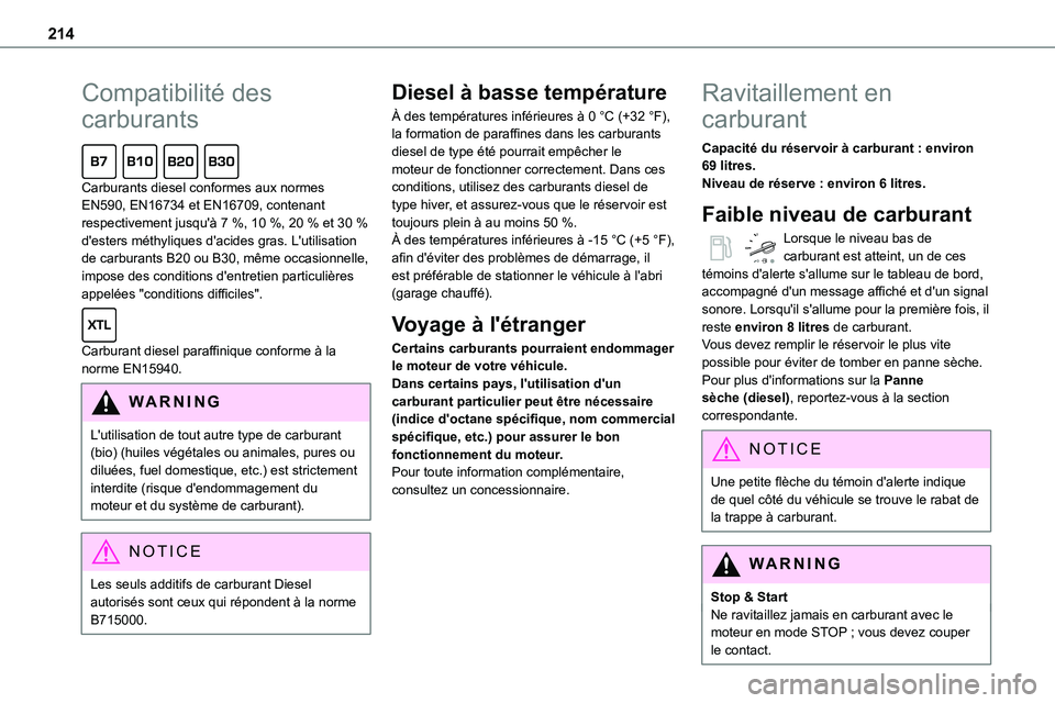 TOYOTA PROACE VERSO 2022  Notices Demploi (in French) 214
Compatibilité des 
carburants  
Carburants diesel conformes aux normes EN590, EN16734 et EN16709, contenant respectivement jusqu'à 7 %, 10 %, 20 % et 30 % d'esters méthyliques d'aci