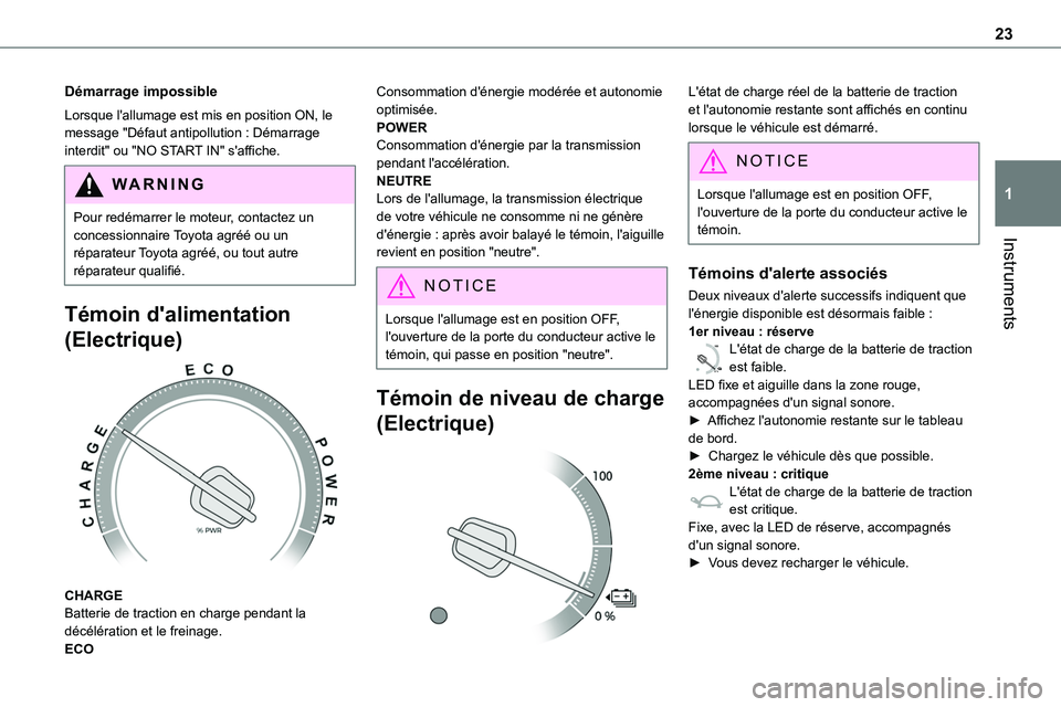 TOYOTA PROACE VERSO 2022  Notices Demploi (in French) 23
Instruments
1
Démarrage impossible
Lorsque l'allumage est mis en position ON, le message "Défaut antipollution : Démarrage interdit" ou "NO START IN" s'affiche.
WARNI NG
