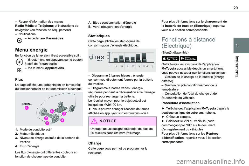 TOYOTA PROACE VERSO 2022  Notices Demploi (in French) 29
Instruments
1
– Rappel d'information des menus Radio Média et Téléphone et instructions de navigation (en fonction de l'équipement).– Notifications.– Accéder aux Paramètres. 
Me