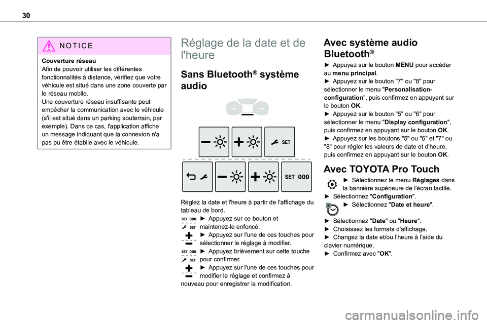TOYOTA PROACE VERSO 2022  Notices Demploi (in French) 30
NOTIC E
Couverture réseauAfin de pouvoir utiliser les différentes fonctionnalités à distance, vérifiez que votre véhicule est situé dans une zone couverte par le réseau mobile.Une couvertur