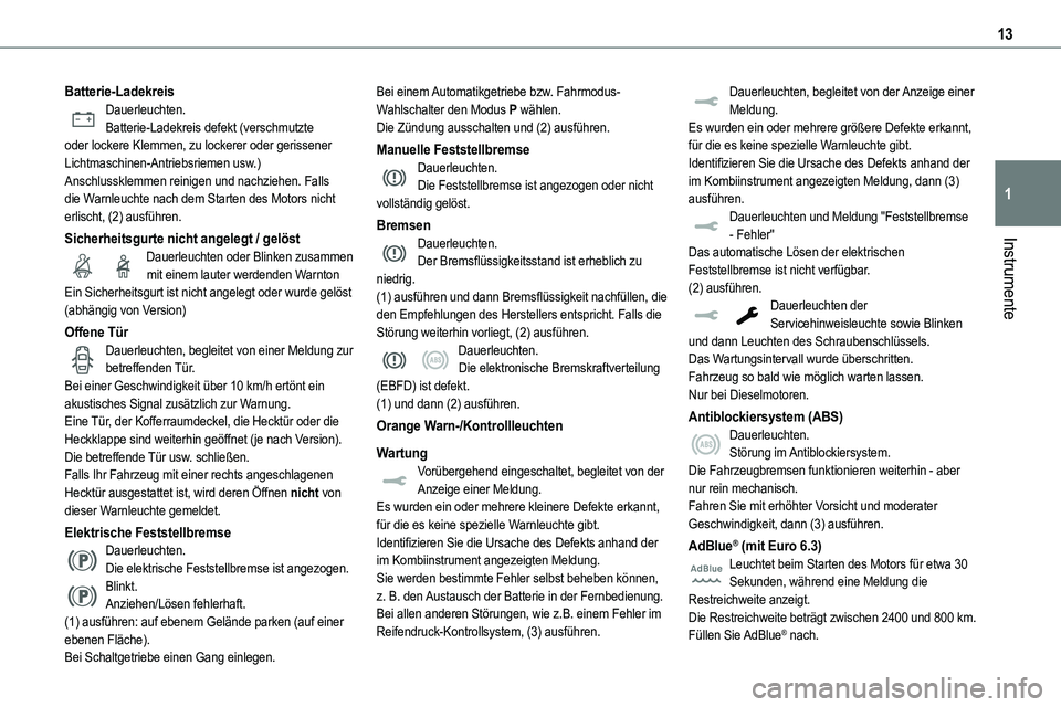 TOYOTA PROACE VERSO 2022 Betriebsanleitungen (in German) 13
Instrumente
1
Batterie-LadekreisDauerleuchten.Batterie-Ladekreis defekt (verschmutzte oder lockere Klemmen, zu lockerer oder gerissener Lichtmaschinen-Antriebsriemen usw.)Anschlussklemmen reinigen TOYOTA PROACE VERSO 2022 Betriebsanleitungen (in German) 13
Instrumente
1
Batterie-LadekreisDauerleuchten.Batterie-Ladekreis defekt (verschmutzte oder lockere Klemmen, zu lockerer oder gerissener Lichtmaschinen-Antriebsriemen usw.)Anschlussklemmen reinigen