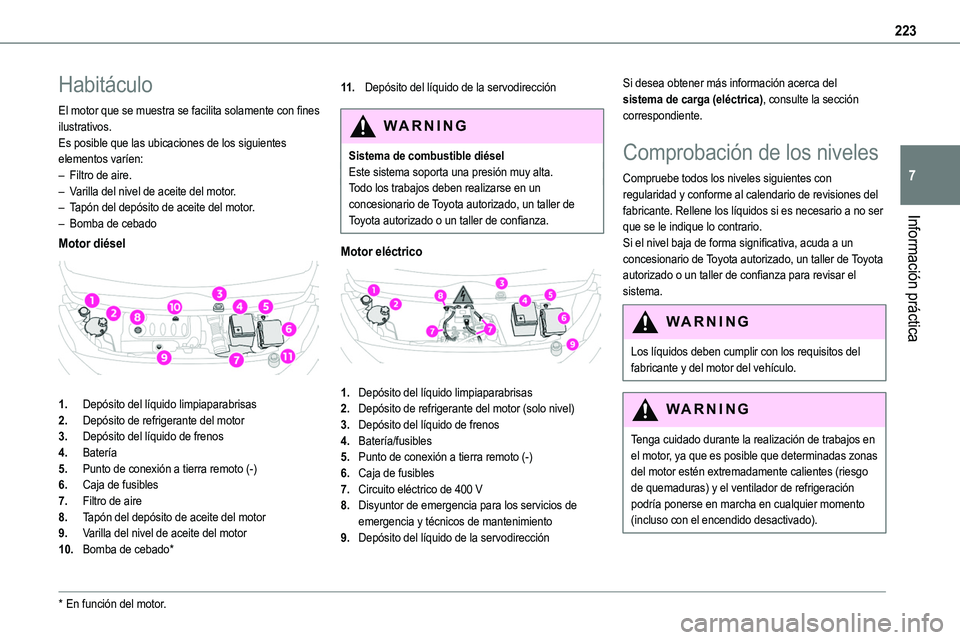 TOYOTA PROACE VERSO 2022 Manuale de Empleo (in Spanish) 223
Información práctica
7
Habitáculo
El motor que se muestra se facilita solamente con fines ilustrativos.Es posible que las ubicaciones de los siguientes elementos varíen:– Filtro de aire.– TOYOTA PROACE VERSO 2022 Manuale de Empleo (in Spanish) 223
Información práctica
7
Habitáculo
El motor que se muestra se facilita solamente con fines ilustrativos.Es posible que las ubicaciones de los siguientes elementos varíen:– Filtro de aire.–