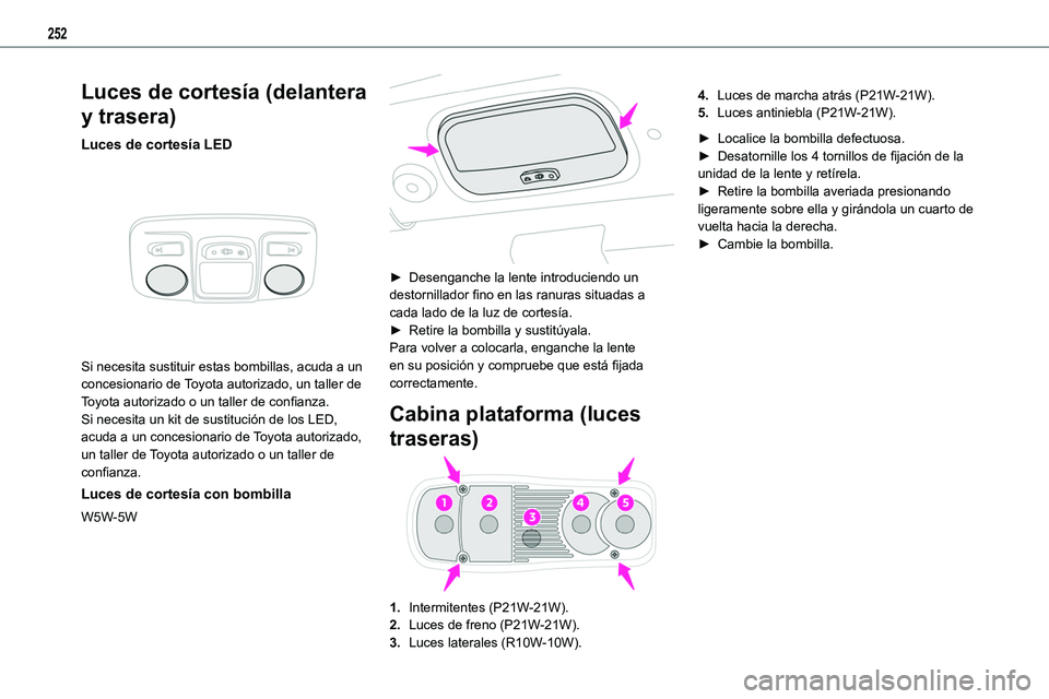 TOYOTA PROACE VERSO 2022 Manuale de Empleo (in Spanish) 252
Luces de cortesía (delantera
y trasera)
Luces de cortesía LED
Si necesita sustituir estas bombillas, acuda a un concesionario de Toyota autorizado, un taller de Toyota autorizado o un taller TOYOTA PROACE VERSO 2022 Manuale de Empleo (in Spanish) 252
Luces de cortesía (delantera
y trasera)
Luces de cortesía LED
Si necesita sustituir estas bombillas, acuda a un concesionario de Toyota autorizado, un taller de Toyota autorizado o un taller