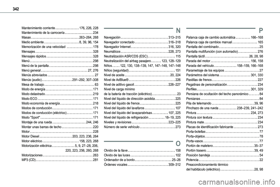 TOYOTA PROACE VERSO 2022  Manuale de Empleo (in Spanish) 342
Mantenimiento corriente   176, 226, 228Mantenimiento de la carrocería   234Masas   263–264, 268Medio ambiente   8, 39, 96, 154Memorización de una velocidad    178Mensajes   328Mensajes rápido