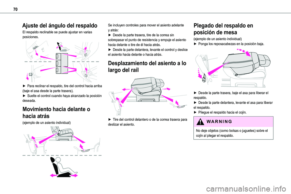 TOYOTA PROACE VERSO 2022 Manuale de Empleo (in Spanish) 70
Ajuste del ángulo del respaldo
El respaldo reclinable se puede ajustar en varias posiciones.
► Para reclinar el respaldo, tire del control hacia arriba (baje el asa desde la parte trasera). TOYOTA PROACE VERSO 2022 Manuale de Empleo (in Spanish) 70
Ajuste del ángulo del respaldo
El respaldo reclinable se puede ajustar en varias posiciones.
► Para reclinar el respaldo, tire del control hacia arriba (baje el asa desde la parte trasera).
