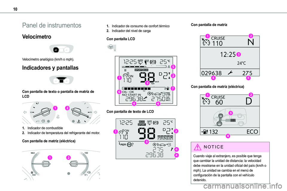 TOYOTA PROACE VERSO 2022  Manuale de Empleo (in Spanish) 10
Panel de instrumentos
Velocímetro 
 
Velocímetro analógico (km/h o mph).
Indicadores y pantallas 
 
Con pantalla de texto o pantalla de matriz de LCD 
 
1.Indicador de combustible
2.Indicador de