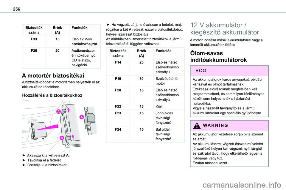 TOYOTA PROACE VERSO 2022 Kezelési útmutató (in Hungarian) 256
Biztosíték számaÉrték(A)Funkciók
F3315Első 12 V-os csatlakozóaljzat.
F3620Audiorendszer, érintőképernyő, CD lejátszó, navigáció.
A motortér biztosítékai
A biztosítékdobozt a m TOYOTA PROACE VERSO 2022 Kezelési útmutató (in Hungarian) 256
Biztosíték számaÉrték(A)Funkciók
F3315Első 12 V-os csatlakozóaljzat.
F3620Audiorendszer, érintőképernyő, CD lejátszó, navigáció.
A motortér biztosítékai
A biztosítékdobozt a m