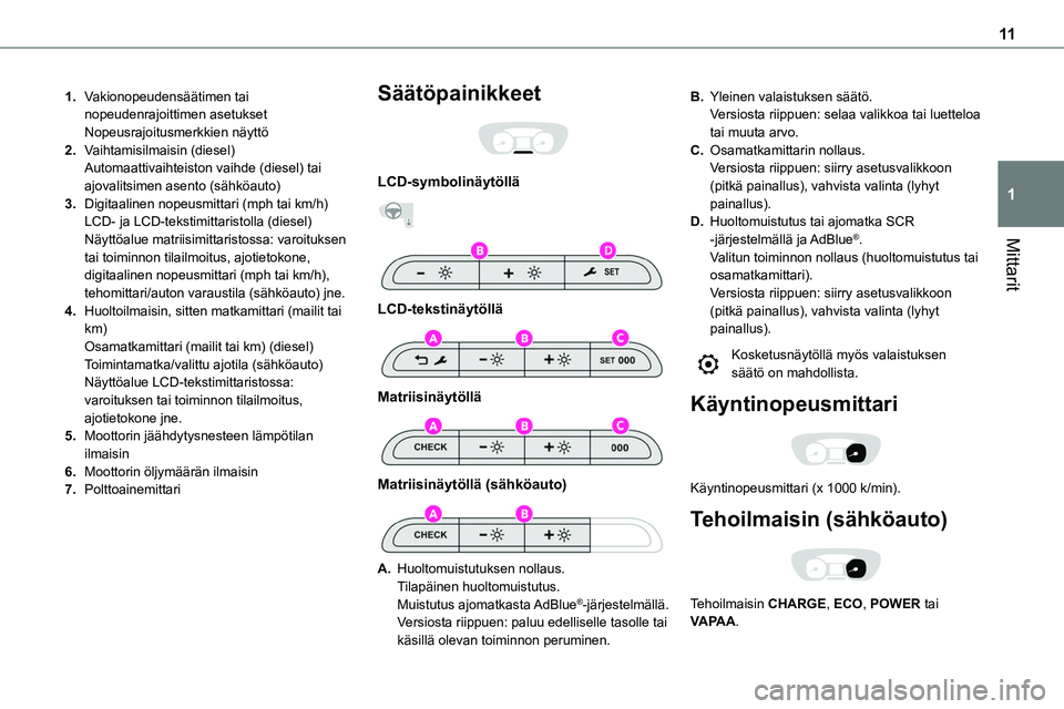 TOYOTA PROACE VERSO 2022  Omistajan Käsikirja (in Finnish) 11
Mittarit
1
1.Vakionopeudensäätimen tai nopeudenrajoittimen asetuksetNopeusrajoitusmerkkien näyttö
2.Vaihtamisilmaisin (diesel)Automaattivaihteiston vaihde (diesel) tai ajovalitsimen asento (sä