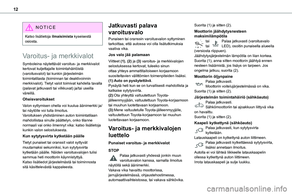 TOYOTA PROACE VERSO 2022  Omistajan Käsikirja (in Finnish) 12
NOTIC E
Katso lisätietoja ilmaisimista kyseisestä osiosta.
Varoitus- ja merkkivalot
Symboleina näytettävät varoitus- ja merkkivalot 
kertovat kuljettajalle toimintahäiriöistä (varoitusvalot