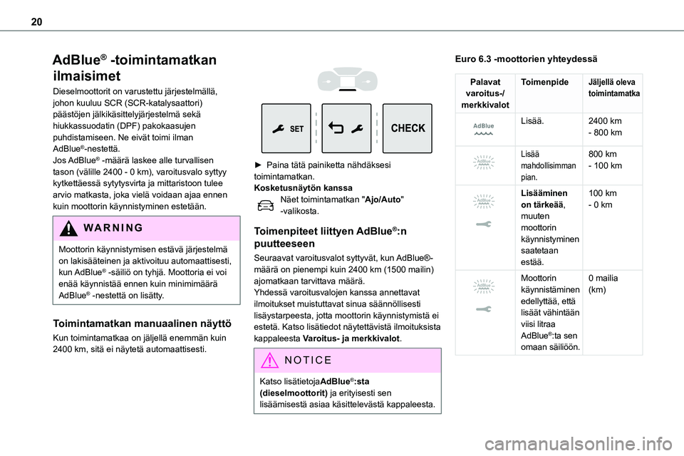 TOYOTA PROACE VERSO 2022  Omistajan Käsikirja (in Finnish) 20
AdBlue® -toimintamatkan 
ilmaisimet
Dieselmoottorit on varustettu järjestelmällä, johon kuuluu SCR (SCR-katalysaattori) päästöjen jälkikäsittelyjärjestelmä sekä hiukkassuodatin (DPF) pa