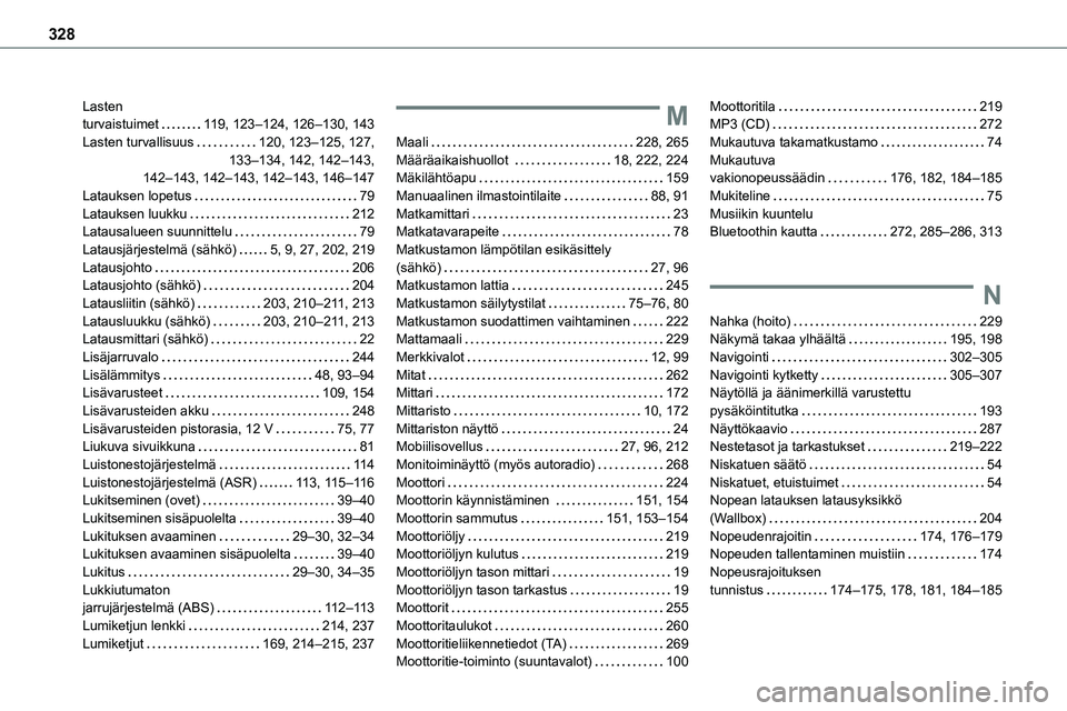 TOYOTA PROACE VERSO 2022  Omistajan Käsikirja (in Finnish) 328
Lasten  turvaistuimet   11 9, 123–124, 126–130, 143Lasten turvallisuus   120, 123–125, 127,  133–134, 142, 142–143,  142–143, 142–143, 142–143, 146–147Latauksen lopetus   79Latau