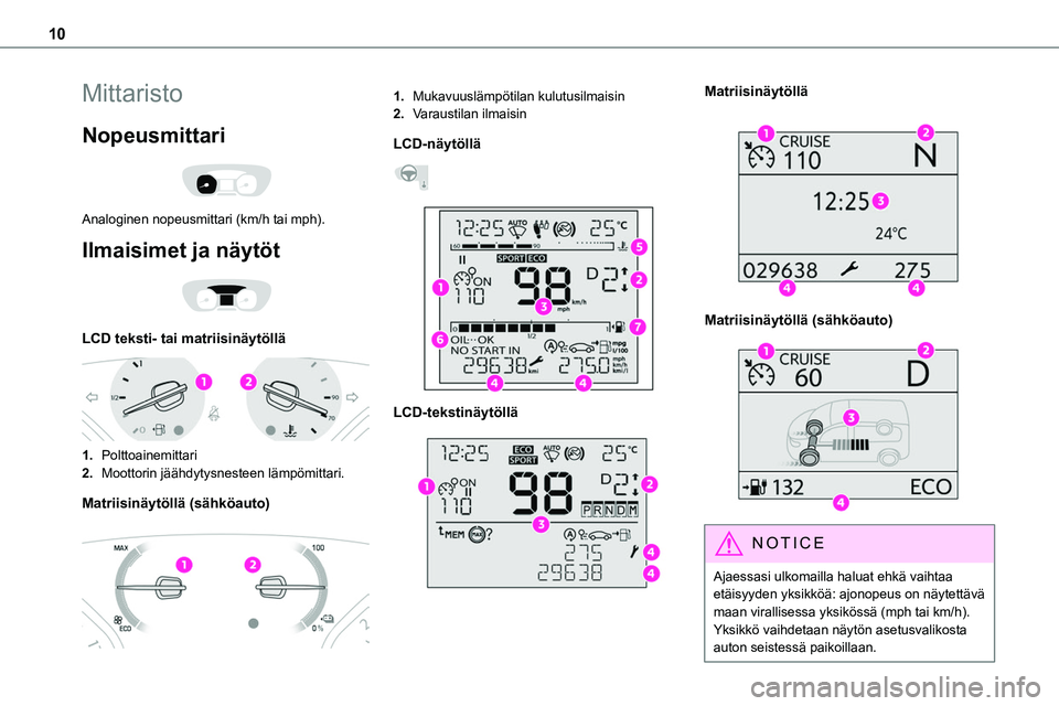 TOYOTA PROACE VERSO 2022  Omistajan Käsikirja (in Finnish) 10
Mittaristo
Nopeusmittari 
 
Analoginen nopeusmittari (km/h tai mph).
Ilmaisimet ja näytöt 
 
LCD teksti- tai matriisinäytöllä 
 
1.Polttoainemittari
2.Moottorin jäähdytysnesteen lämpömitta