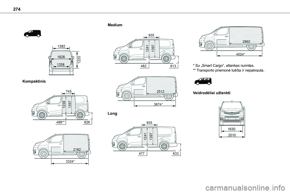 TOYOTA PROACE VERSO 2022  Eksploatavimo vadovas (in Lithuanian) 274
 
  
 
Kompaktinis 
  
 
Medium 
  
 
Long 
  
 
* Su „Smart Cargo“, atlankas nuimtas.** Transporto priemonė tuščia ir nepakrauta. 
 
Veidrodėliai užlenkti 
   