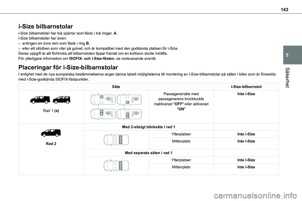 TOYOTA PROACE VERSO 2022  Bruksanvisningar (in Swedish) 143
Säkerhet
5
i-Size bilbarnstolar
i-Size bilbarnstolar har två spärrar som fästs i två ringar. A.i-Size bilbarnstolar har även:– antingen en övre rem som fästs i ring B,– eller ett stöd