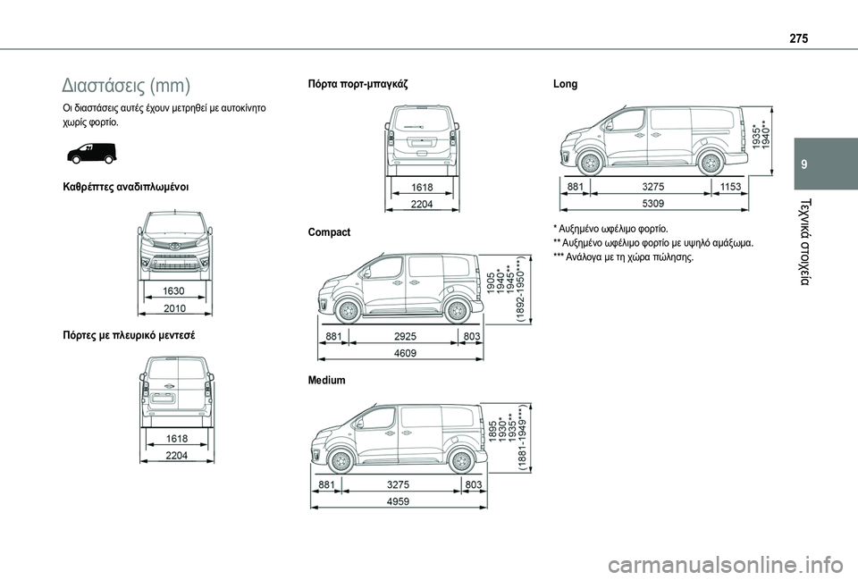 TOYOTA PROACE VERSO 2022  ΟΔΗΓΌΣ ΧΡΉΣΗΣ (in Greek) 275
Τεχνικά στοιχεία
9
Διαστάσεις (mm)
Οι διαστάσεις αυτές έχουν μετρηθεί με αυτοκίνητο χωρίς φορτίο. 
 
Καθρέπτε