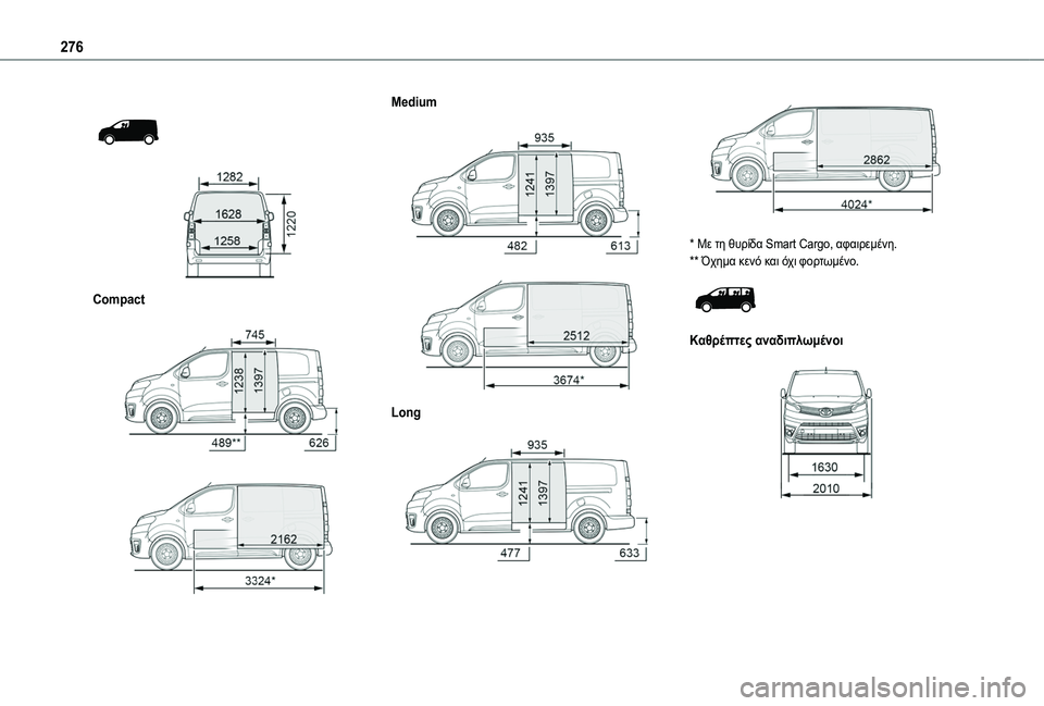 TOYOTA PROACE VERSO 2022  ΟΔΗΓΌΣ ΧΡΉΣΗΣ (in Greek) 276
 
  
 
Compact 
  
 
Medium 
  
 
Long 
  
 
* Με τη θυρίδα Smart Cargo, αφαιρεμένη.** Όχημα κενό και όχι φορτωμένο. 
 
Καθρέπτες αναδιπ