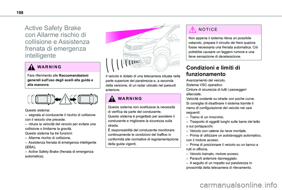 TOYOTA PROACE VERSO EV 2021 Manuale duso (in Italian) 198
Active Safety Brake
con Allarme rischio di
collisione e Assistenza
frenata di emergenza
intelligente
WARNI NG
Fare riferimento alle Raccomandazioni generali sull'uso degli ausili alla gui TOYOTA PROACE VERSO EV 2021 Manuale duso (in Italian) 198
Active Safety Brake
con Allarme rischio di
collisione e Assistenza
frenata di emergenza
intelligente
WARNI NG
Fare riferimento alle Raccomandazioni generali sull'uso degli ausili alla gui