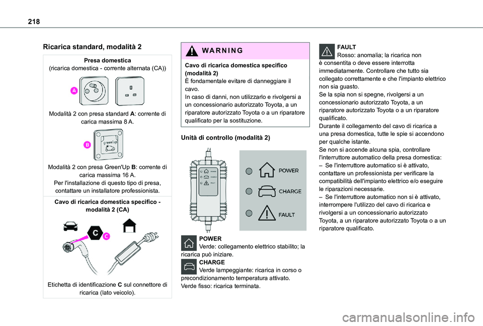TOYOTA PROACE VERSO EV 2021 Manuale duso (in Italian) 218
Ricarica standard, modalità 2
Presa domestica(ricarica domestica - corrente alternata (CA))
Modalità 2 con presa standard A: corrente di carica massima 8 A.
Modalità 2 con presa Green' TOYOTA PROACE VERSO EV 2021 Manuale duso (in Italian) 218
Ricarica standard, modalità 2
Presa domestica(ricarica domestica - corrente alternata (CA))
Modalità 2 con presa standard A: corrente di carica massima 8 A.
Modalità 2 con presa Green'